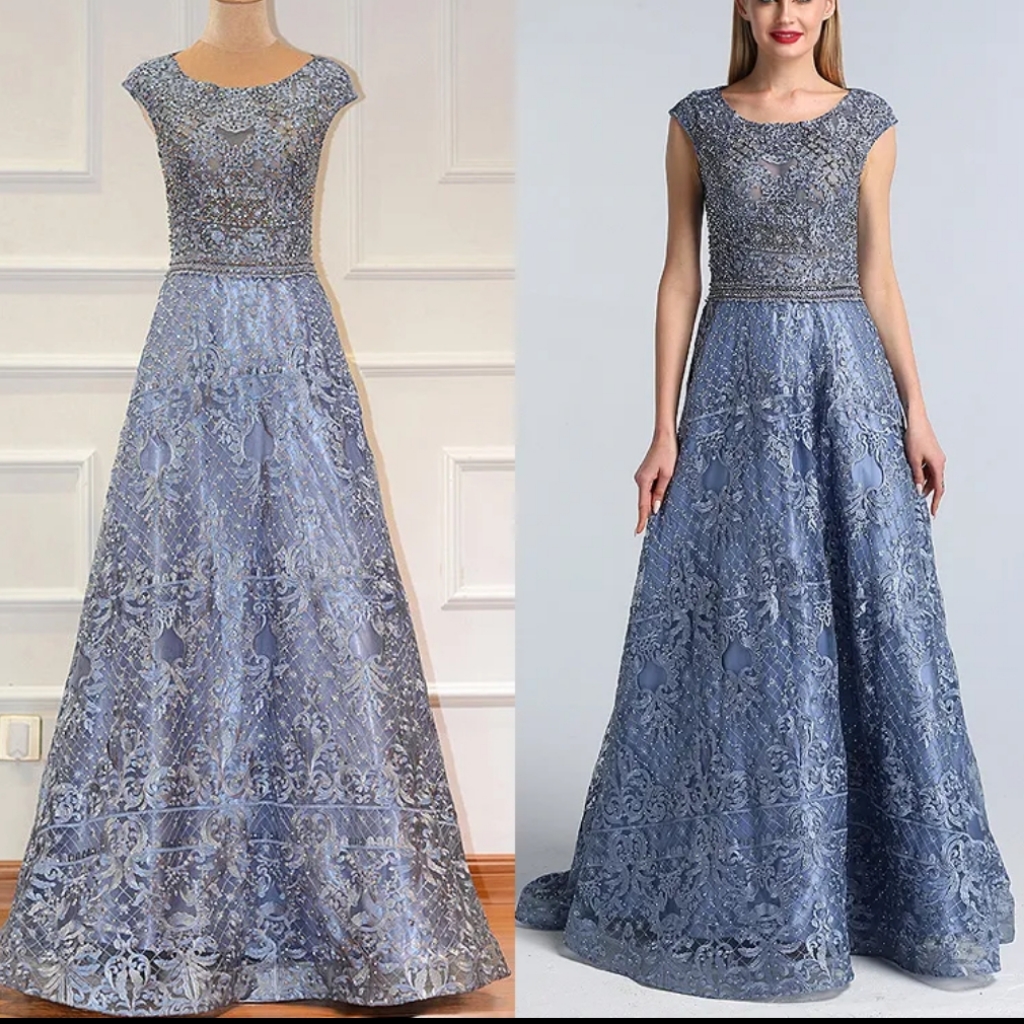 Blue Silver Beaded Jeweled Cap Short Sleeve Dress 4 - 6 Cy